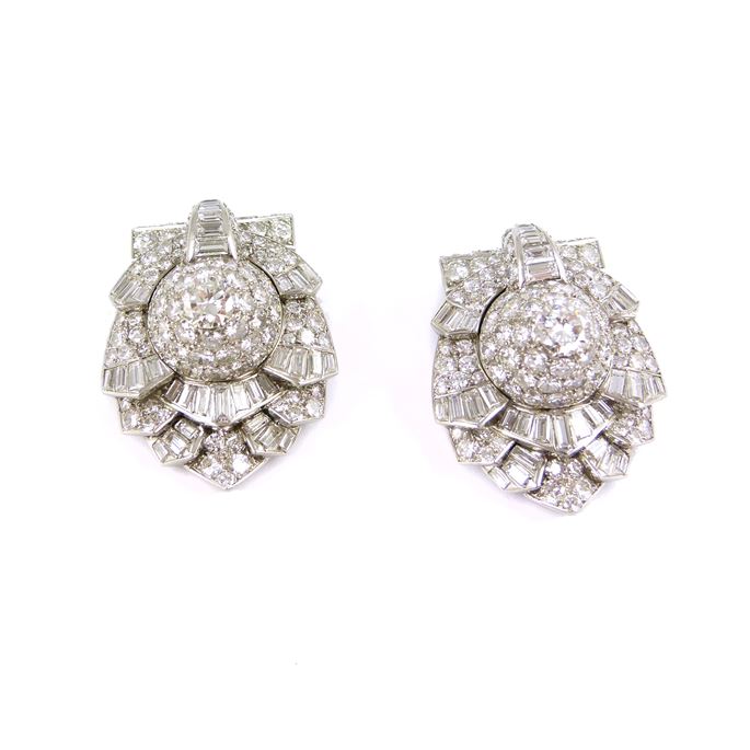 Pair of domed diamond cluster clips brooches | MasterArt